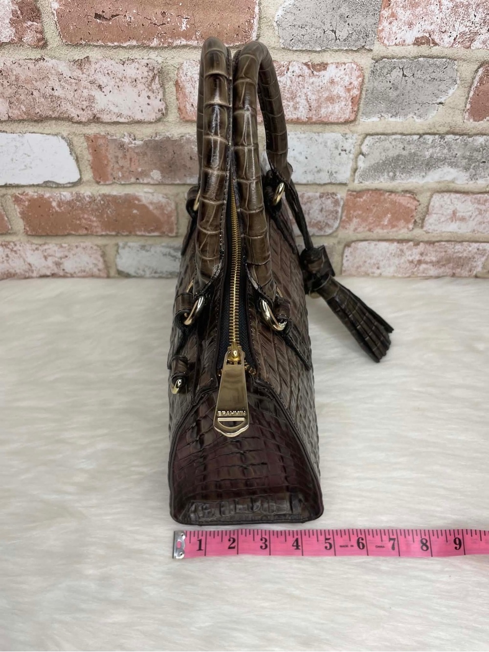 Brahmin Brown Croc-Embossed Leather Tote Bag with Tassel Charm - Picture 11 of 14